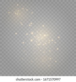 The dust sparks and golden stars shine with special light. Vector sparkles on a transparent background. Christmas light effect. Sparkling magical dust particles.