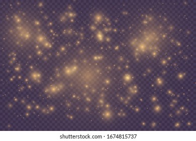 The dust sparks and golden stars shine with special light. Vector sparkles on a transparent background. Christmas light effect. Sparkling magical dust particles.