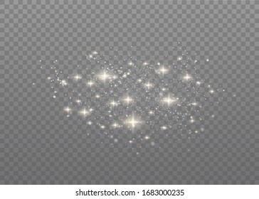 The dust sparks and golden stars shine with special light. Vector sparkles on a transparent background. Christmas light effect. Sparkling magical dust particles.