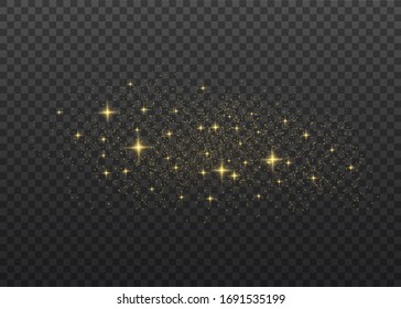 The dust sparks and golden stars shine with special light. Vector sparkles on a transparent background. Christmas light effect. Sparkling magical dust particles.