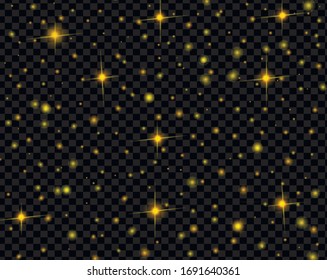 The dust sparks and golden stars shine with special light. Vector sparkles on a transparent background. 