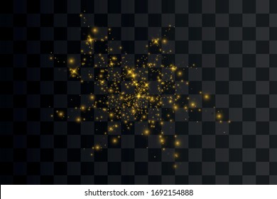 The dust sparks and golden stars shine with special light. Vector sparkles on a transparent background. Christmas light effect. Sparkling magical dust particles.