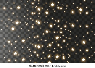 The dust sparks and golden stars shine with special light. Vector sparkles on a transparent background. Christmas light effect. Sparkling magical dust particles.