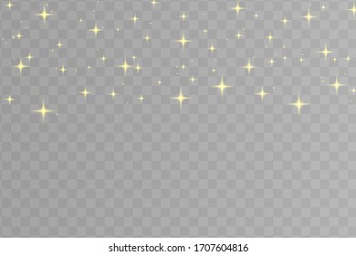 The dust sparks and golden stars shine with special light. Vector sparkles on a transparent background. 