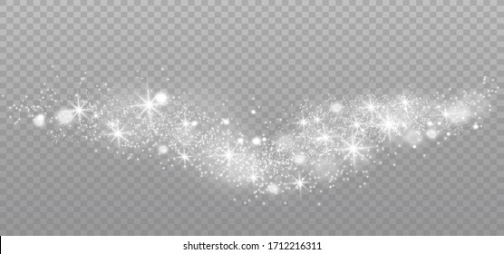 The dust sparks and golden stars shine with special light. Vector sparkles on a transparent background. Christmas light effect. Sparkling magical dust particles.