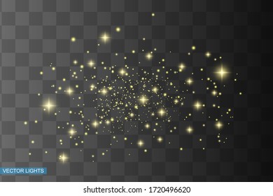 The dust sparks and golden stars shine with special light. Vector sparkles on a transparent background. 