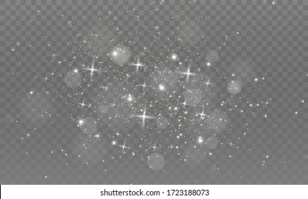 The dust sparks and golden stars shine with special light. Vector sparkles on a transparent background. Christmas light effect. Sparkling magical dust particles.