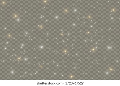 The dust sparks and golden stars shine with special light. Vector sparkles on a transparent background. Sparkling magical dust particles.