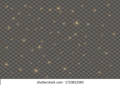 The dust sparks and golden stars shine with special light. Vector sparkles on a transparent background. Christmas light effect. Sparkling magical dust particles.