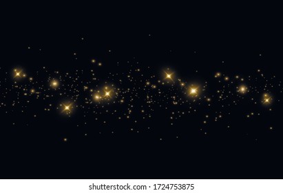 The dust sparks and golden stars shine with special light. Vector sparkles on a transparent background. Sparkling magical dust particles.