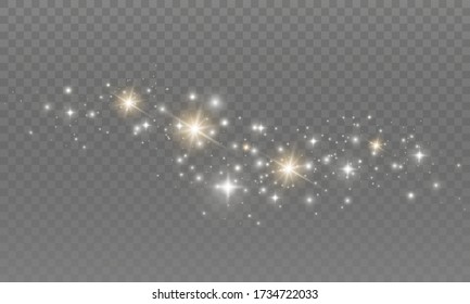 The dust sparks and golden stars shine with special light. Vector sparkles on a transparent background. Christmas light effect. Sparkling magical dust particles.