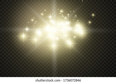 The dust sparks and golden stars shine with special light. Vector sparkles on a transparent background. Christmas light effect. Sparkling magical dust particles.