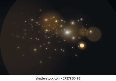 The dust sparks and golden stars shine with special light. Vector sparkles on a transparent background. Christmas light effect. Sparkling magical dust particles.