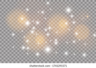 The dust sparks and golden stars shine with special light. Vector sparkles on a transparent background. Christmas light effect. Sparkling magical dust particles.