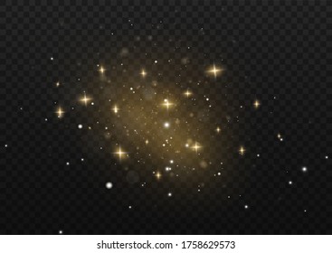 The dust sparks and golden stars shine with special light. Vector sparkles on a transparent background. Christmas light effect. Sparkling magical dust particles.