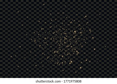 The dust sparks and golden stars shine with special light. Vector sparkles on a transparent background. Christmas light effect. Sparkling magical dust particles