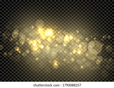 The dust sparks and golden stars shine with special light. Vector sparkles on a transparent background. Christmas light effect. Sparkling magical dust particles.