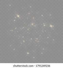 The dust sparks and golden stars shine with special light. Vector sparkles on a transparent background. Christmas light effect. Sparkling magical dust particles.