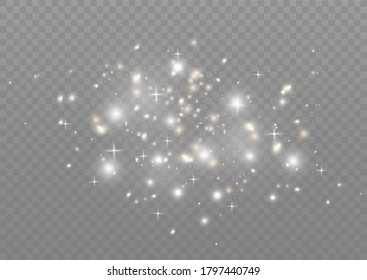 The dust sparks and golden stars shine with special light. Sparkles on a transparent background. Christmas light effect. Sparkling magical dust particles.