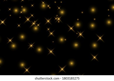 The dust sparks and golden stars shine with special light. Vector sparkles on a transparent background. Christmas light effect. Sparkling magical dust particles.