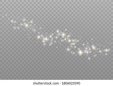 The dust sparks and golden stars shine with special light. Vector sparkles on a transparent background. Christmas light effect. Sparkling magical dust particles.