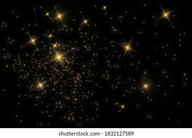 The dust sparks and golden stars shine with special light. Vector sparkles on a transparent background. Christmas light effect. Sparkling magical dust particles.