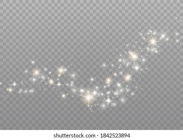 The dust sparks and golden stars shine with special light. Vector sparkles on a transparent background. Christmas light effect. Sparkling magical dust particles.