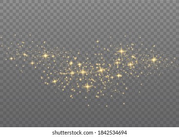 The dust sparks and golden stars shine with special light. Vector sparkles on a transparent background. Christmas light effect. Sparkling magical dust particles.