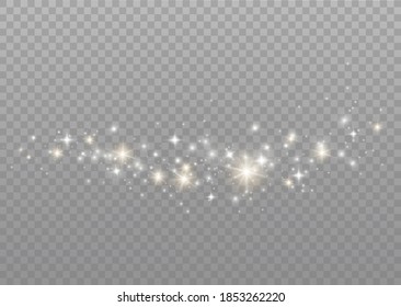 The dust sparks and golden stars shine with special light. Vector sparkles on a transparent background. Christmas light effect. Sparkling magical dust particles.