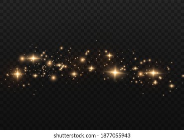 The dust sparks and golden stars shine with special light. Vector sparkles on a transparent background. Christmas light effect. Sparkling magical dust particles.