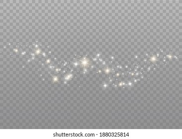 The dust sparks and golden stars shine with special light. Vector sparkles on a transparent background. Christmas light effect. Sparkling magical dust particles.