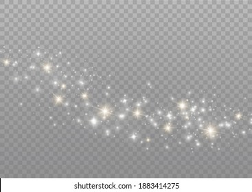 The dust sparks and golden stars shine with special light. Vector sparkles on a transparent background. Christmas light effect. Sparkling magical dust particles.