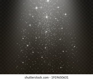 The dust sparks and golden stars shine with special light. Vector sparkles on a transparent background. Christmas light effect. Sparkling magical dust particles.