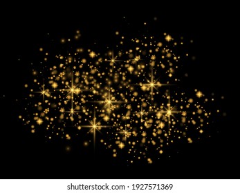 The dust sparks and golden stars shine with special light. Vector sparkles on a transparent background. Christmas light effect. Sparkling magical dust particles.