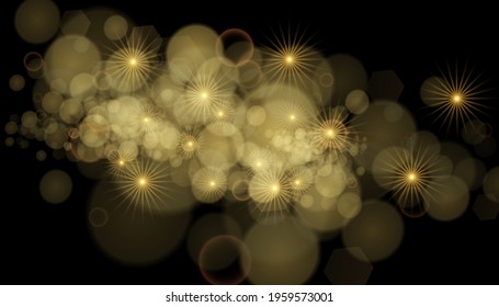The dust sparks and golden stars shine with special light. Vector sparkles on a transparent background. Christmas light effect. Sparkling magical dust particles.