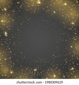 The dust sparks and golden stars shine with special light. Bokeh lights effect isolated on transparent background. Christmas concept. Festive purple and golden luminous background. Vector illustration