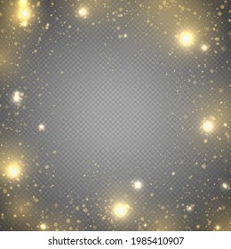 The dust sparks and golden stars shine with special light. Bokeh lights effect isolated on transparent background. Christmas concept. Festive purple and golden luminous background. Vector illustration