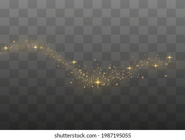 The dust sparks and golden stars shine with special light. Vector sparkles on a transparent background. Christmas light effect. Sparkling magical dust particles.