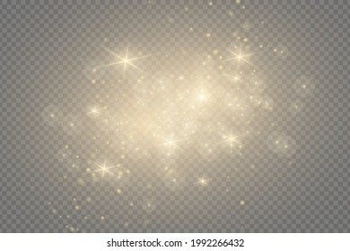 The dust sparks and golden stars shine with special light. Vector sparkles on a transparent background. Christmas light effect. Sparkling magical dust particles.