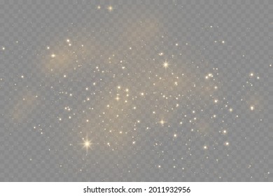 The dust sparks and golden stars shine with special light. Vector sparkles on a transparent background. . Vector illustration