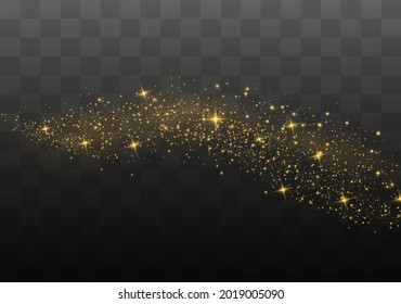 The dust sparks and golden stars shine with special light. Vector sparkles on a transparent background. Christmas light effect. Sparkling magical dust particles.