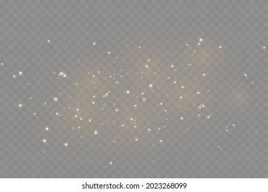 The dust sparks and golden stars shine with special light. Vector sparkles on a transparent background. . Vector illustration