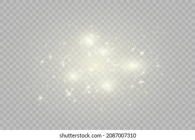 The dust sparks and golden stars shine with special light. Vector sparkles on a transparent background. . Vector illustration	