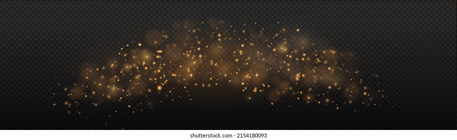 The dust sparks and golden stars shine with special light. Vector sparkles on a transparent background. Christmas light effect.