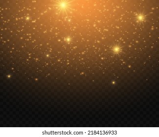 The dust sparks and golden stars shine with special light. Sparkling magical dust particles. Vector sparkles on a transparent background. Christmas light effect.