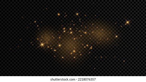 The dust sparks and golden stars shine with special light. Vector sparkles on a transparent background. . Stock royalty free vector illustration. PNG