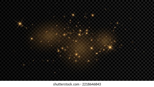 The dust sparks and golden stars shine with special light. Vector sparkles on a transparent background. . Stock royalty free vector illustration. PNG