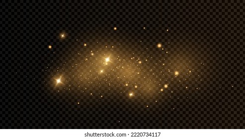 The dust sparks and golden stars shine with special light. Vector sparkles on a transparent background. . Stock royalty free vector illustration. PNG