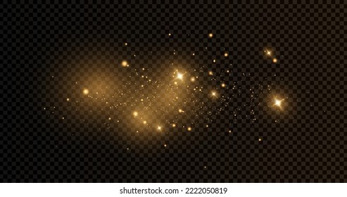 The dust sparks and golden stars shine with special light. Vector sparkles on a transparent background. . Stock royalty free vector illustration. PNG