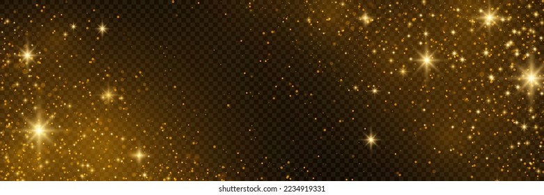 The dust sparks and golden stars shine with special light. Vector sparkles on a transparent background. . Stock royalty free vector illustration. PNG	